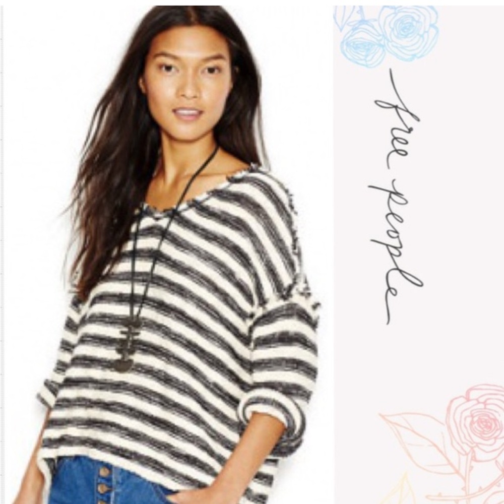 Free People Black and White Striped Slouchy Pullover Sweater